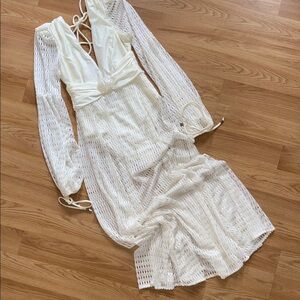 PatBO Plunge Long Sleeve Beach Dress Ivory Lace Mesh Dress Seashell Medium